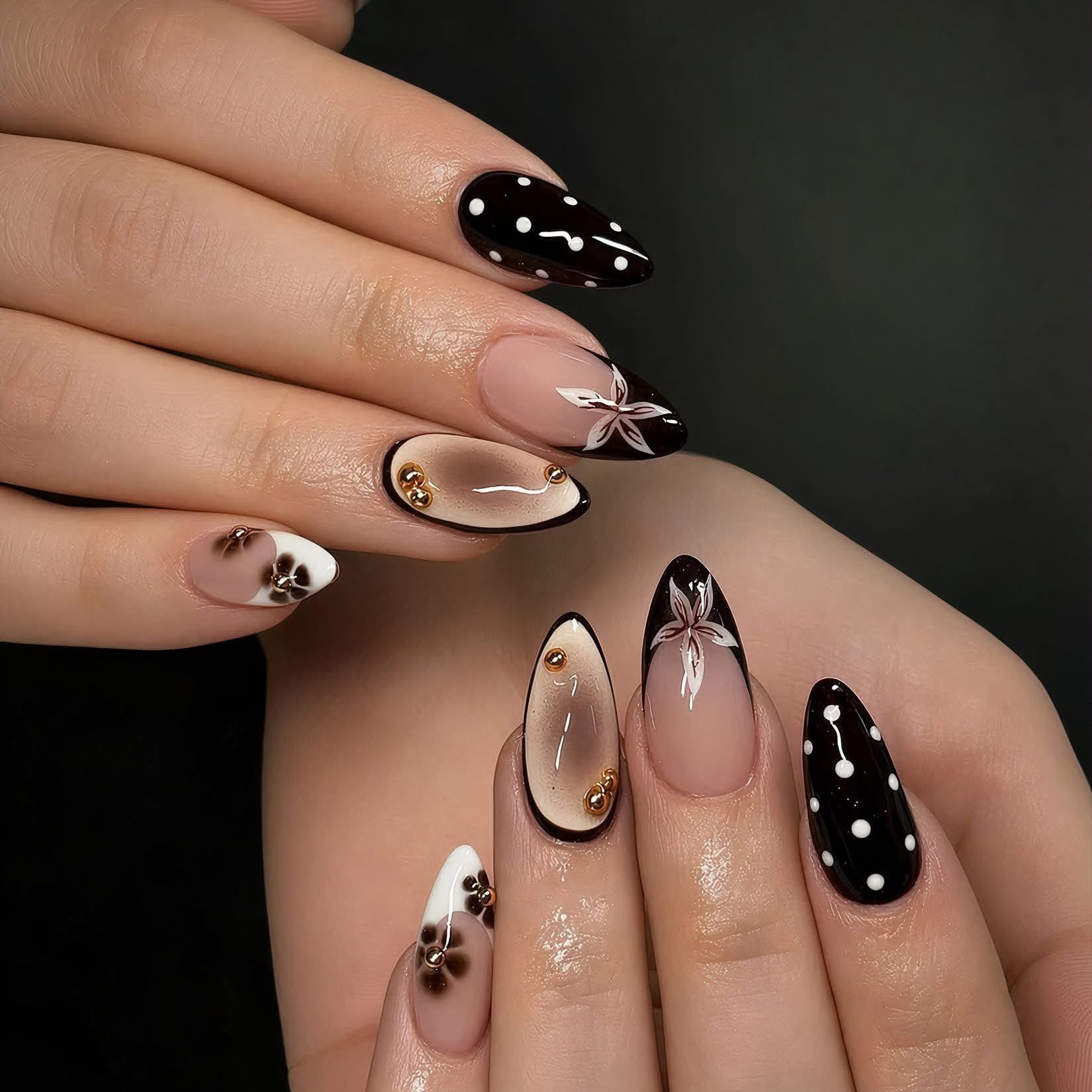 Black and nude polka dot set with floral details